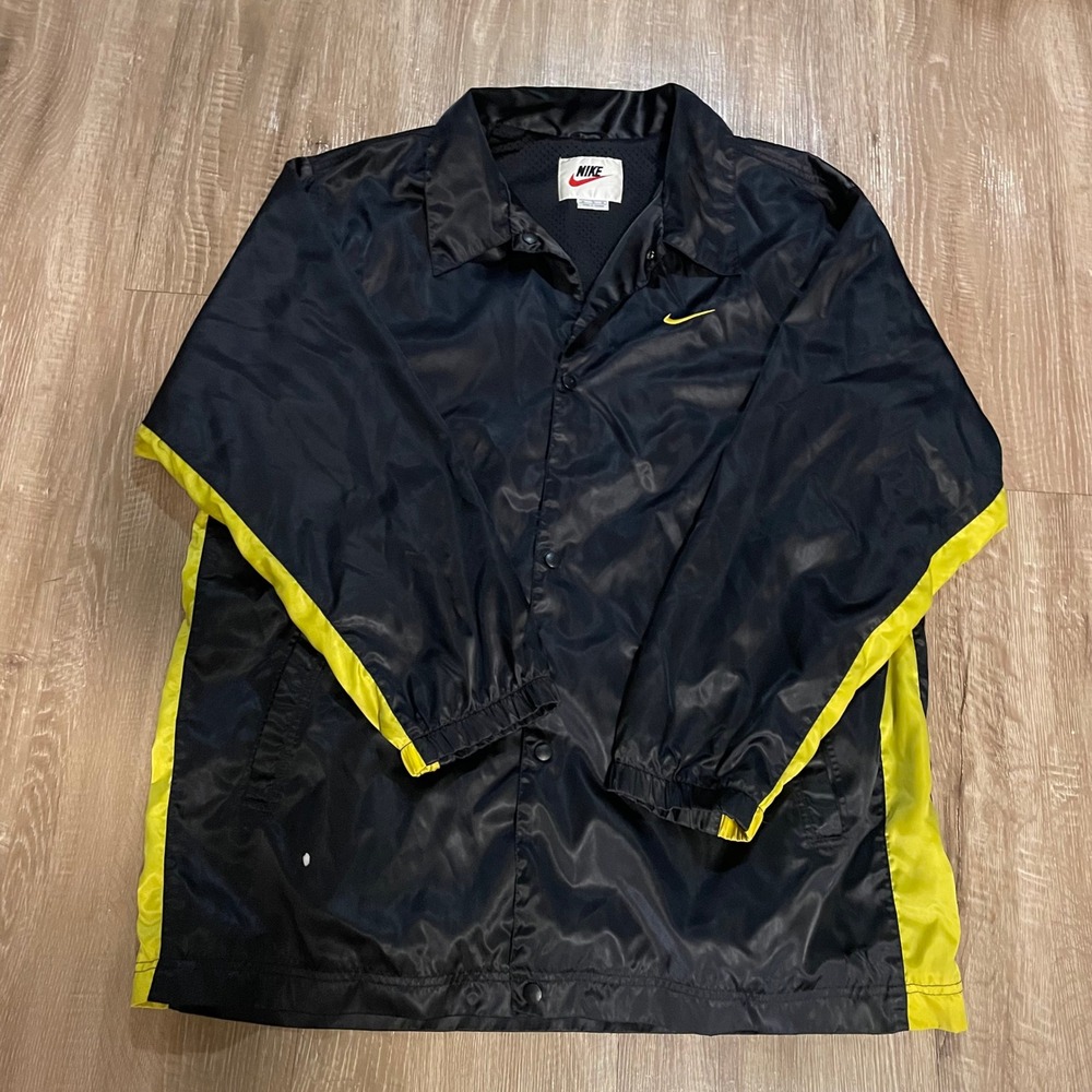 Nike Mens Coaches Jacket XL Black Nylon Vintage Windbreaker Snap Front Spellout